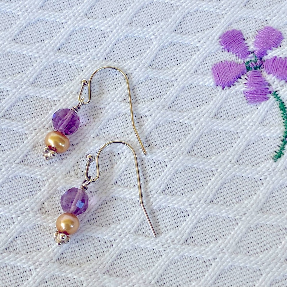 New Purple crystal and Gold Freshwater Pearl Tiny Drop Earrings.